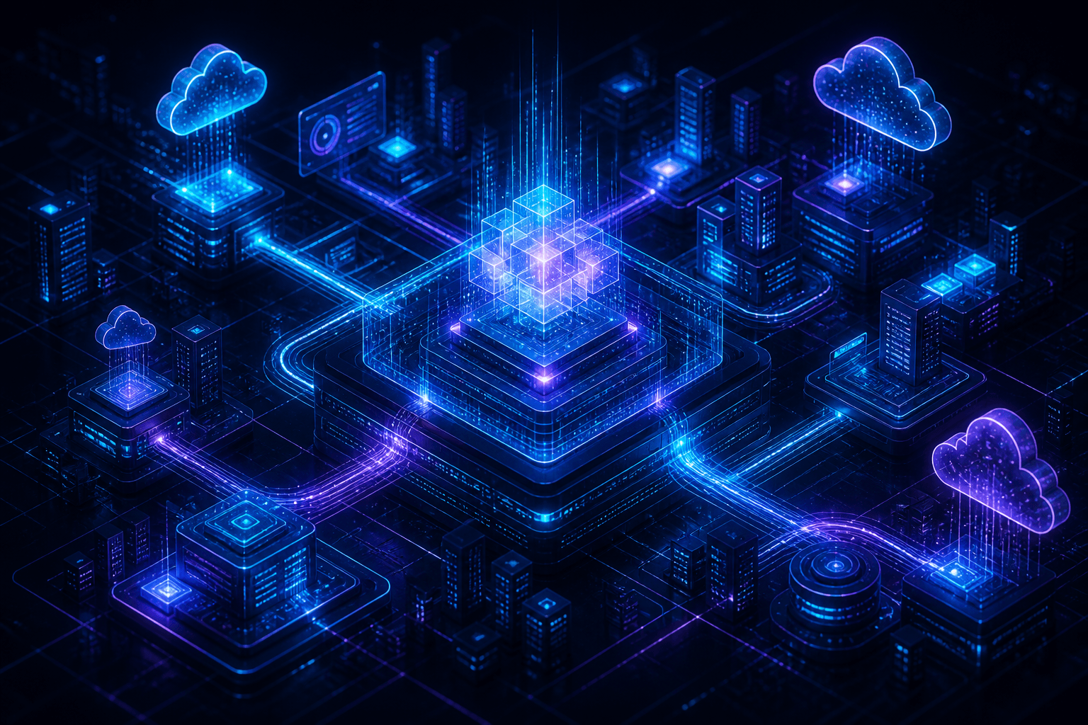 Enterprise software platforms and cloud-native systems visualized as a connected digital architecture