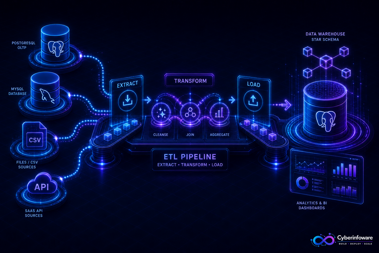 ETL pipeline flowing from source OLTP databases through transform stages into a destination analytics warehouse with Cyber Infoware branding