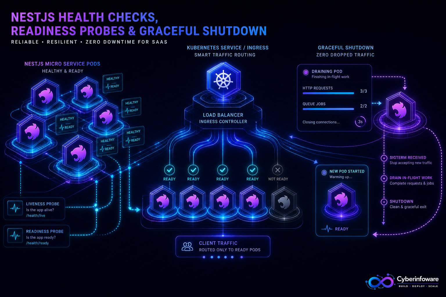 NestJS pods with Kubernetes liveness and readiness probes during a graceful rolling shutdown with Cyber Infoware branding